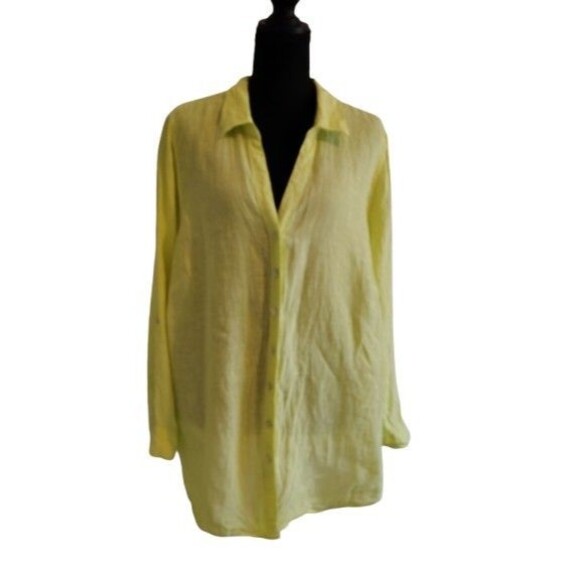Sigrid Olsen Tops - Sigrid Olsen Linen Button Front Shirt Size 1X Roll Sleeve Chartreuse...